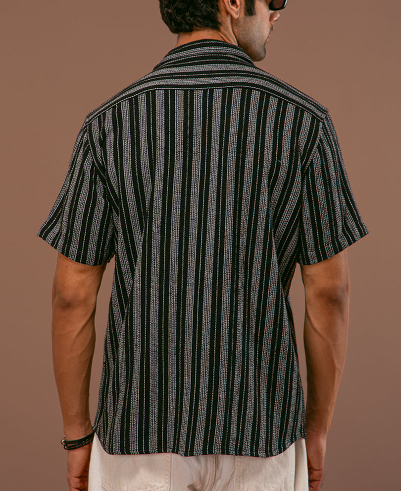 Black and White Structured Striped Half Sleeves Shirt