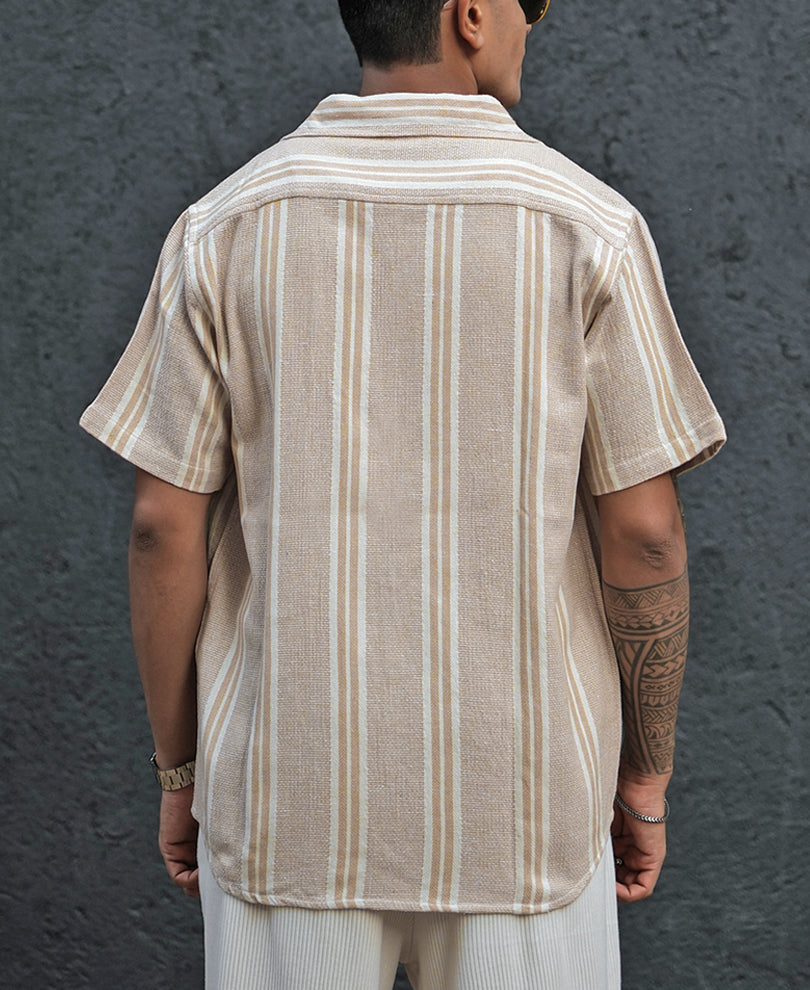 Light Beige Structured Striped Regular Half Sleeves Shirt