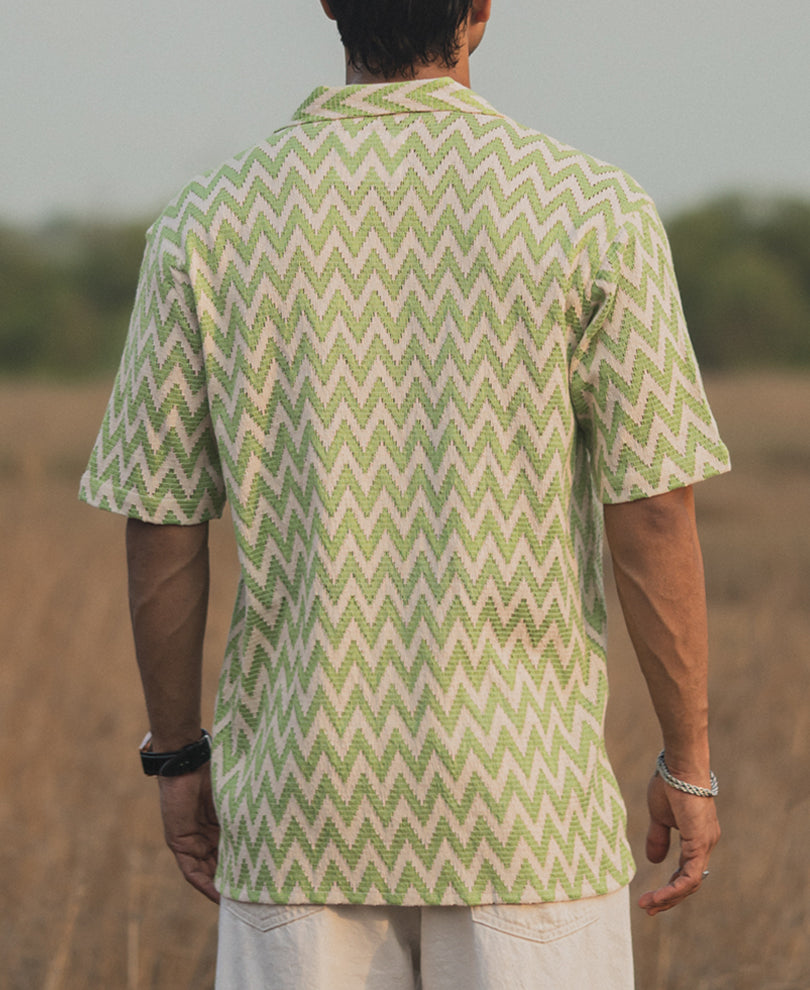 Green and White Oversized Half Sleeves Striped Shirt