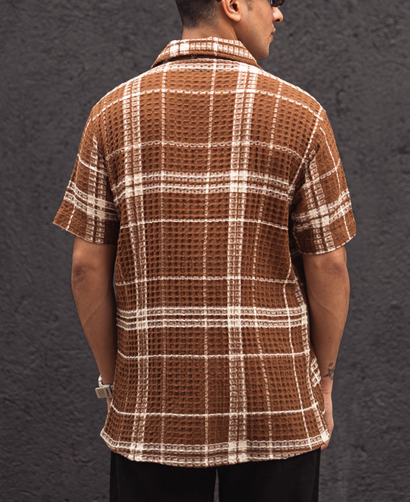 Brown Waffle Structured Checks Half Sleeves Shirt