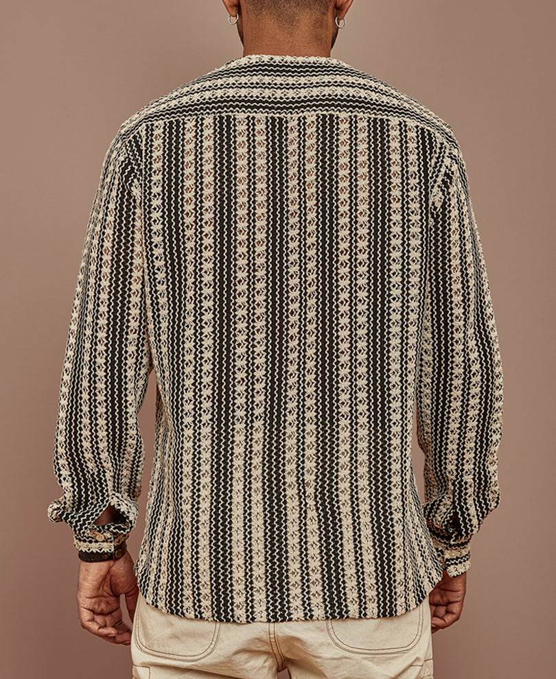 Black and White Crochet Striped Kurta Style Full Sleeves Shirt