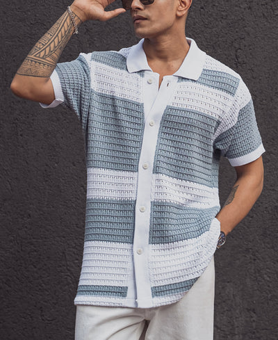 Sky Grey Structured Striped Regular Fit Half Sleeves Shirt
