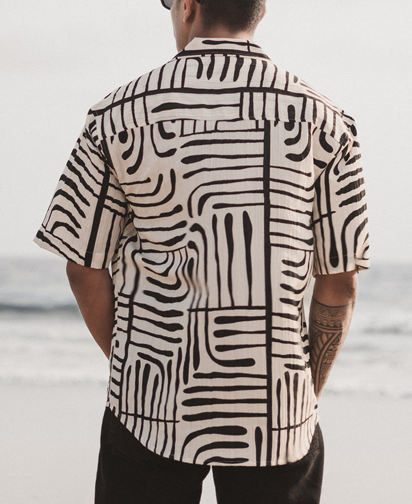 Off White and Black Printed Oversized Half Sleeves Shirt