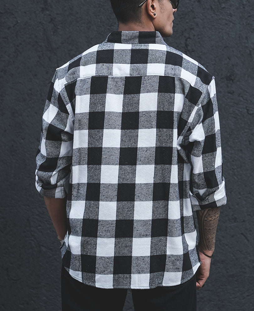 Black And White Flannel Checks Oversize Drop Shoulder Shirt