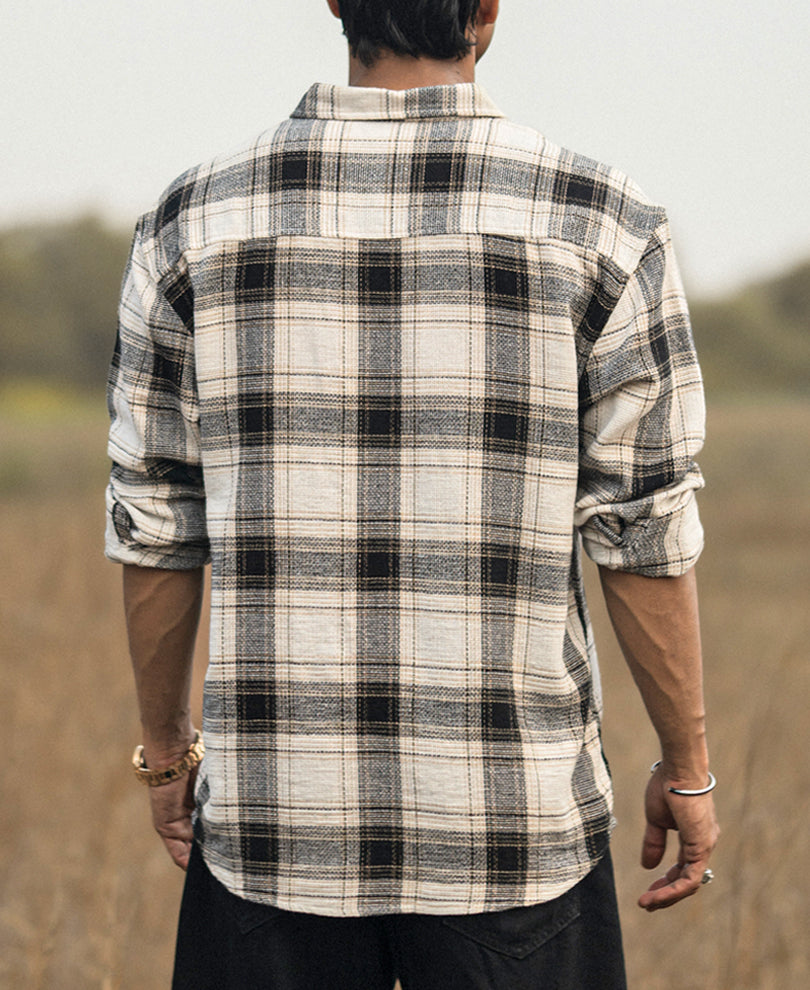 Checked Shirts- Cream Flannel Checked Print Oversized Shirts