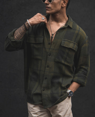 Olive Green Structured Flannel Checks Shacket Oversized Shirt