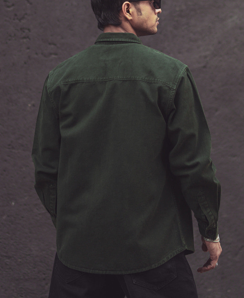 Dark Green Denim Shacket Full Sleeves Shirt