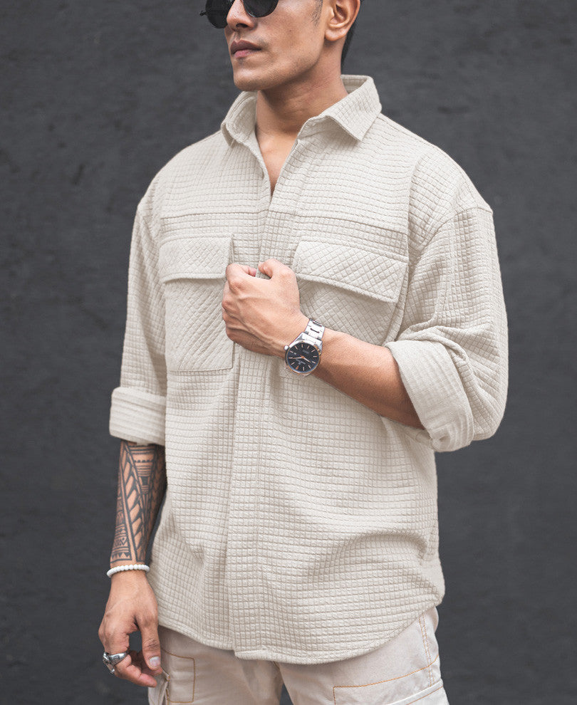 Cream Structured Knit Oversized Shirt