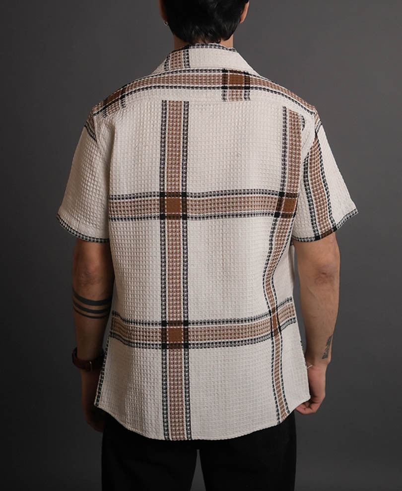 Off White and Brown Structured Checks Half Sleeves Shirt
