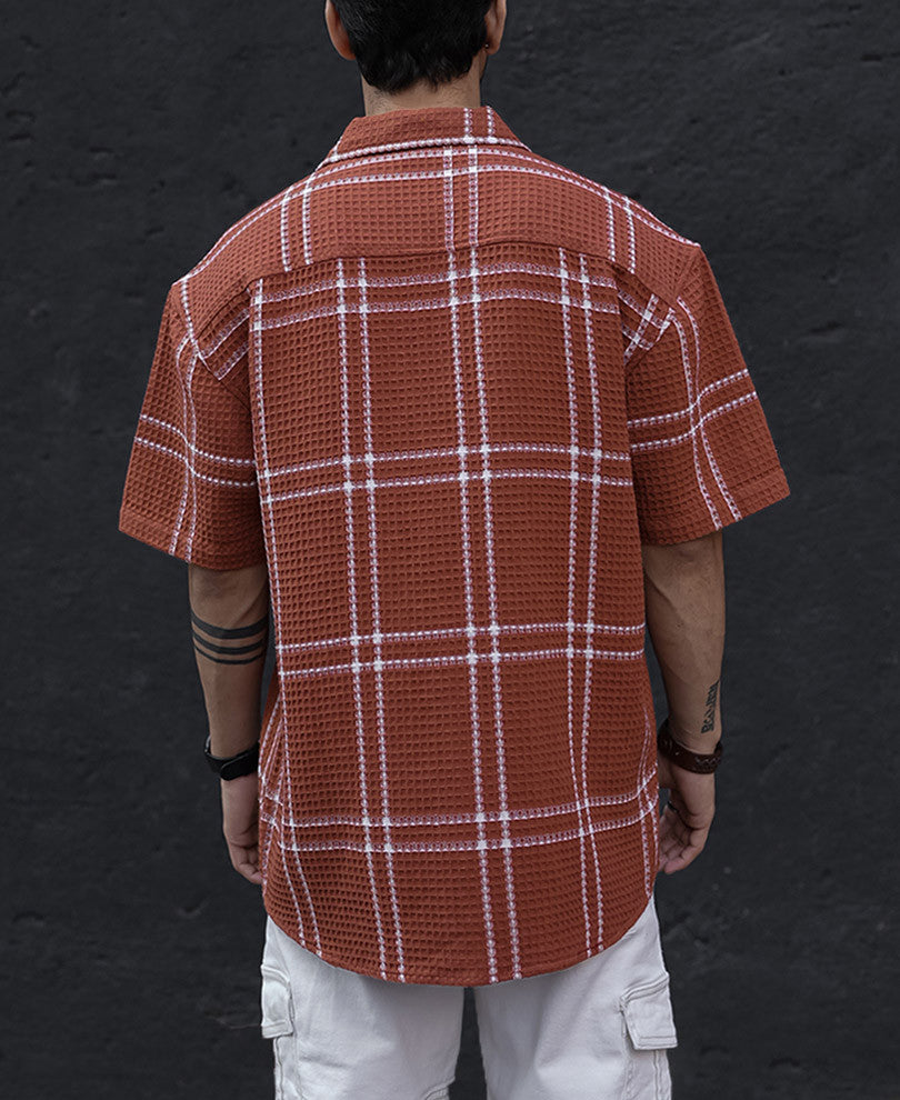 Orange Structured Checks Oversized Half Sleeves Shirt