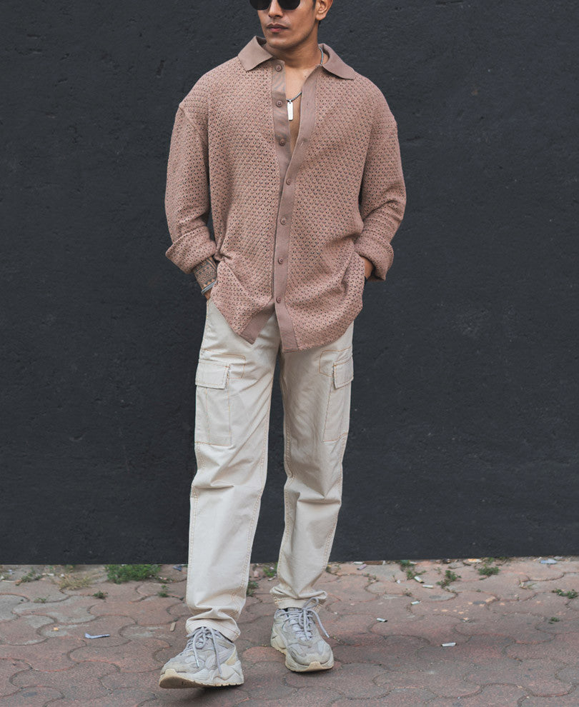 Brown Crochet Full Sleeves Oversized Shirt