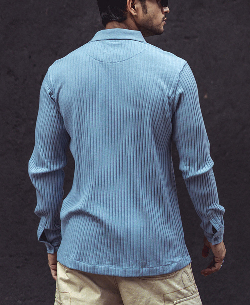 Sky Grey Rib-Knit Full Sleeves Shirt