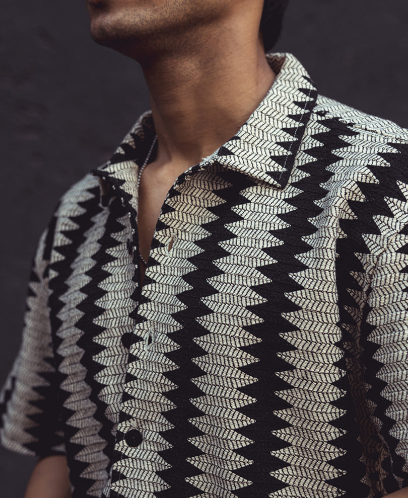 Black and White Structured Oversized Half Sleeves Shirt