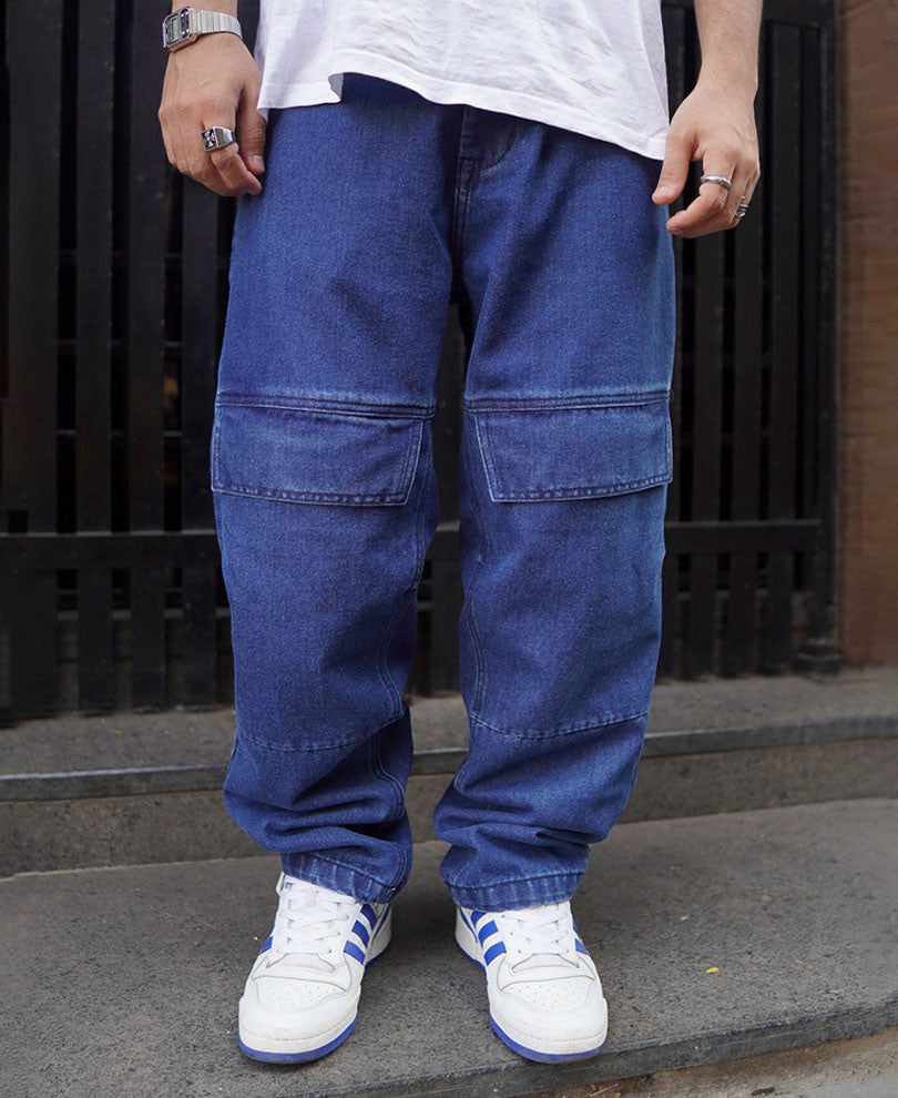 Dark Blue Denim Cargo Pocket Baggy Fit Jeans