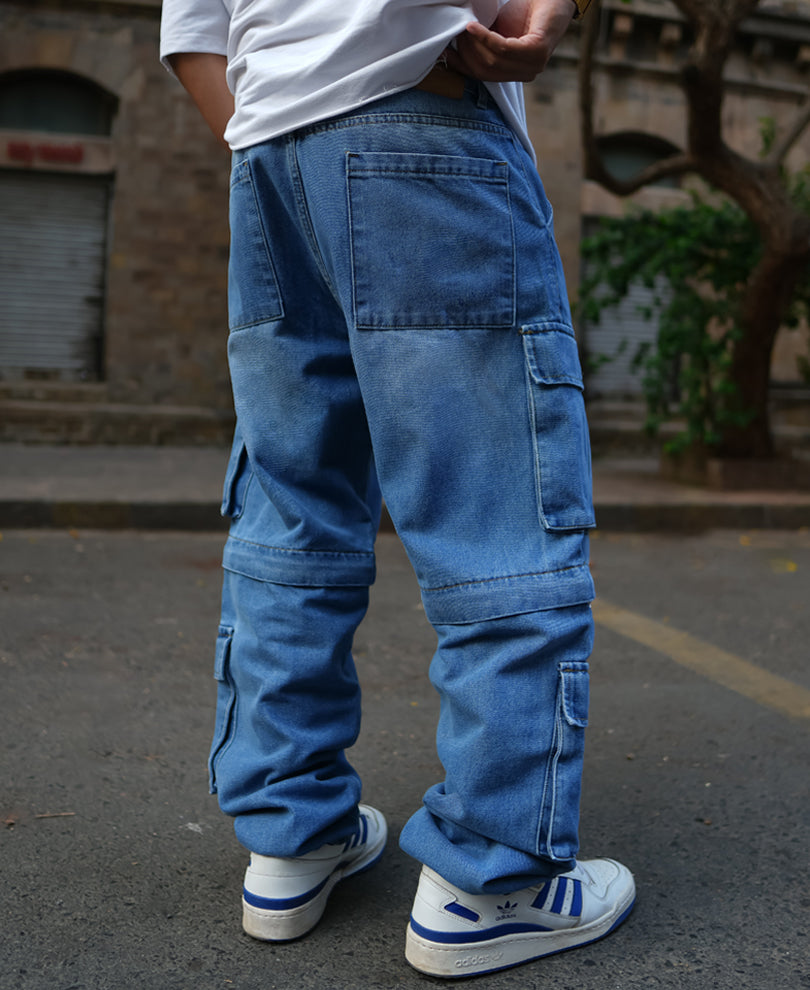 Light Blue Denim Cargo Baggy Fit Jeans