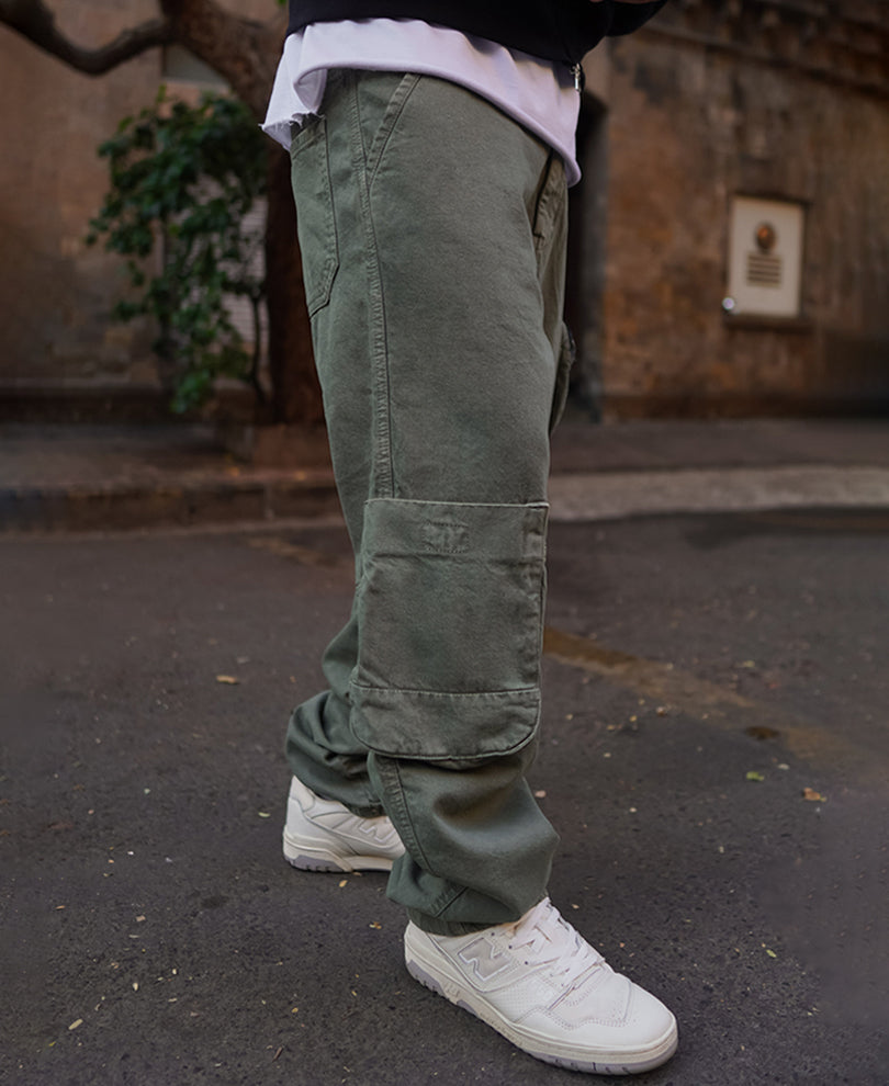 Dark Green Denim Cargo Pocket Baggy Fit Jeans