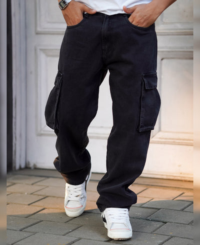 Dusty Black Baggy Fit Side Pocket Cargo Jeans
