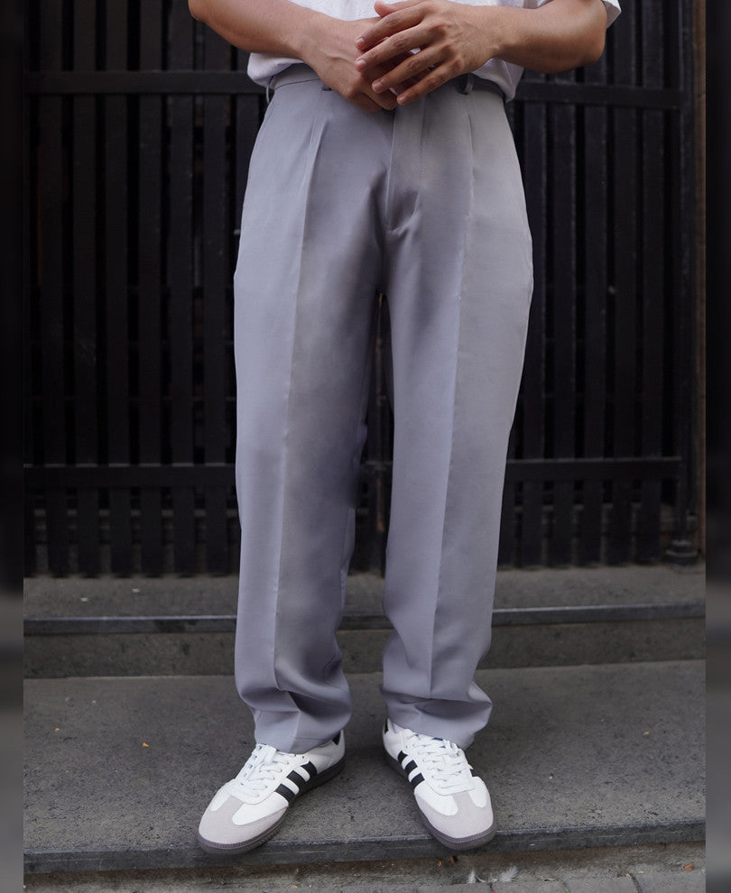 Grey Relaxed Fit Formal Pleated Pant