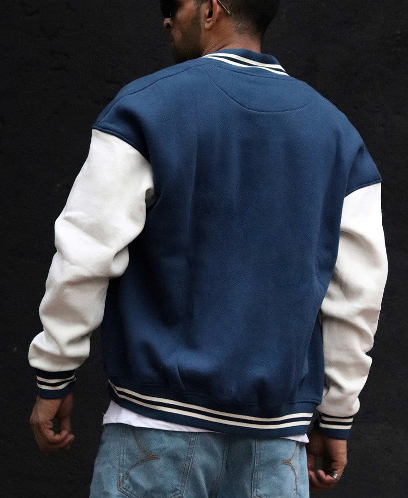 Sapphire Blue Chest Print Varsity Oversize Jacket