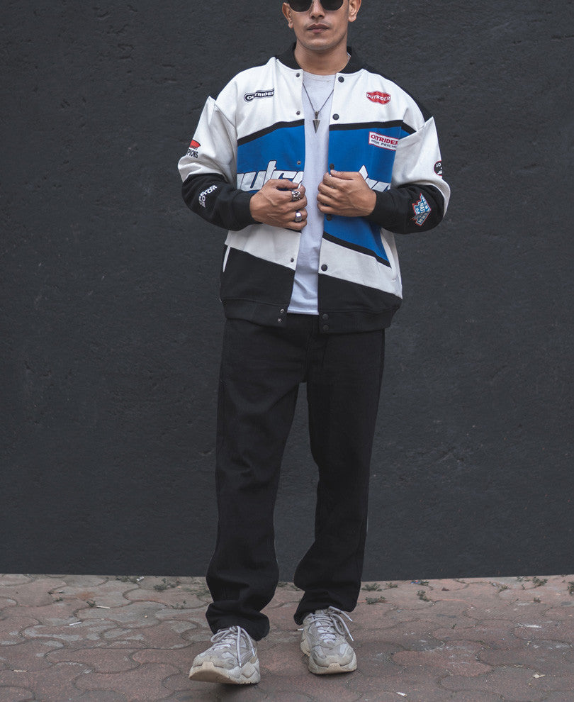 White and Blue Outrider Oversized Varsity Jacket