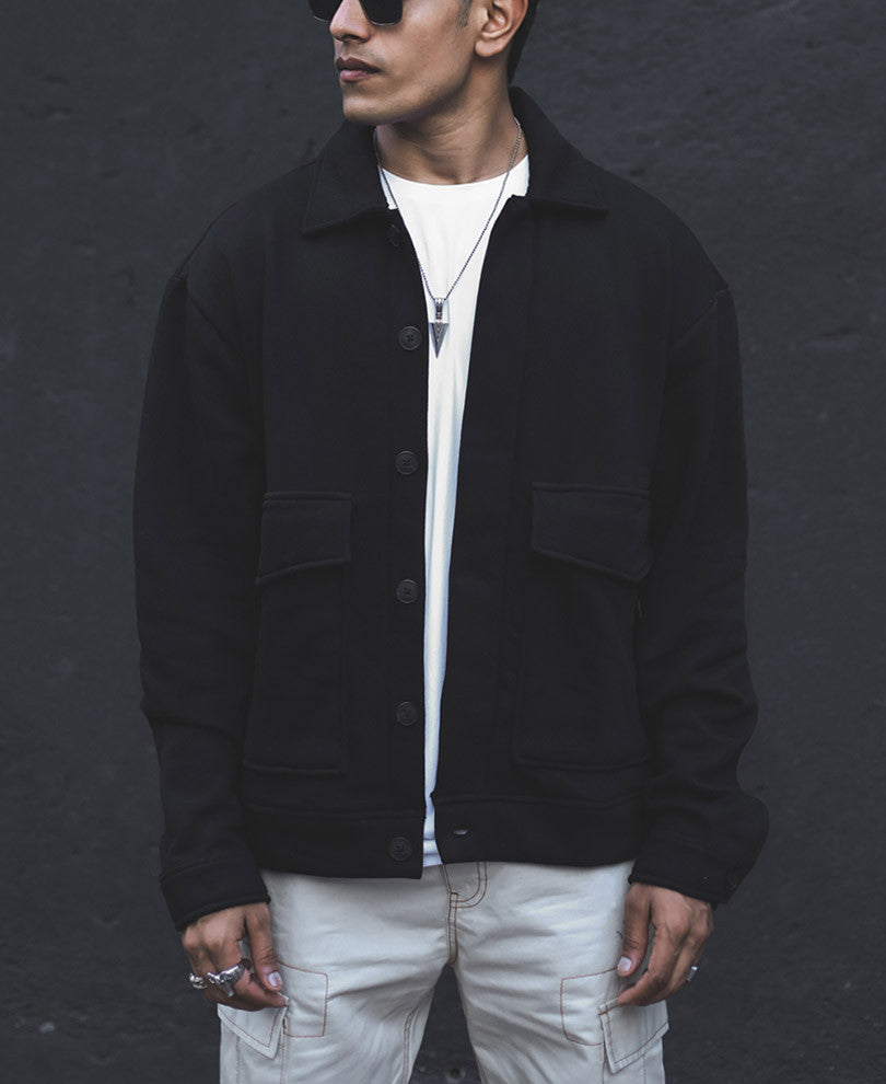 Black Plain Shacket Double Pocket Oversized Jacket