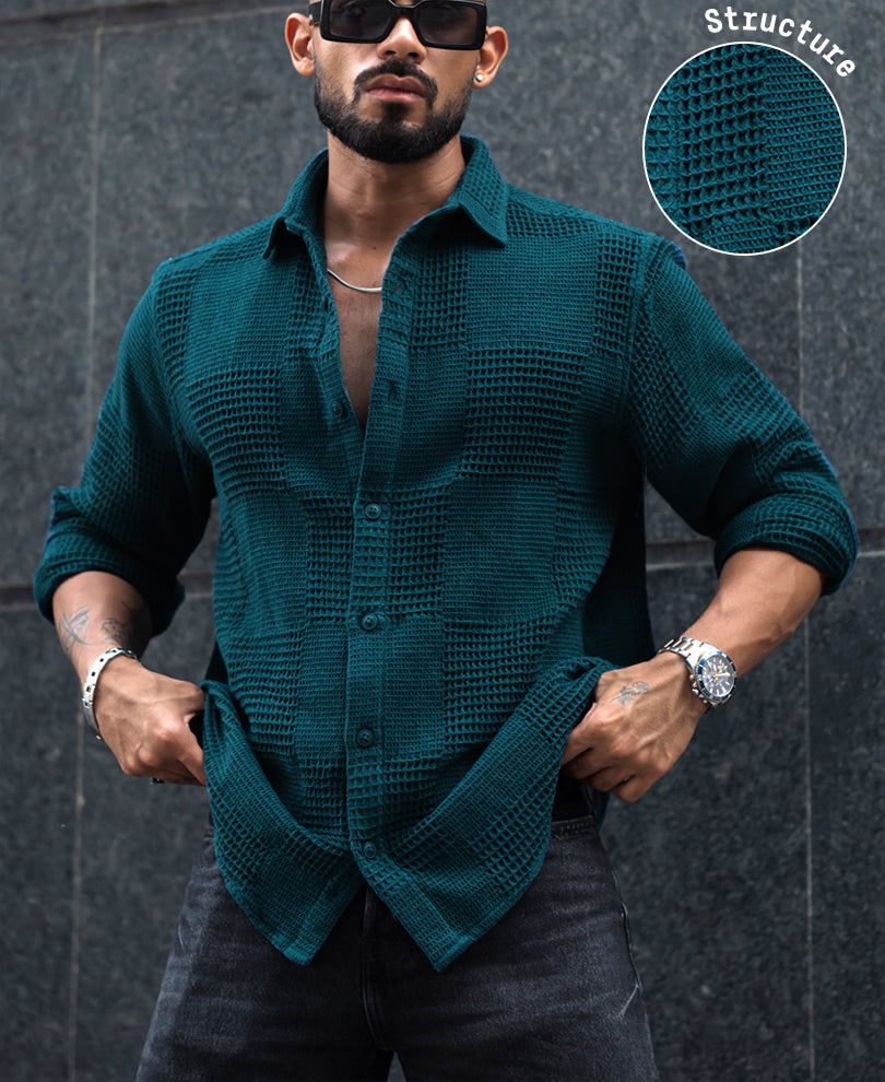 Teal Blue Waffle Structure Regular Fit Full Sleeves Shirt
