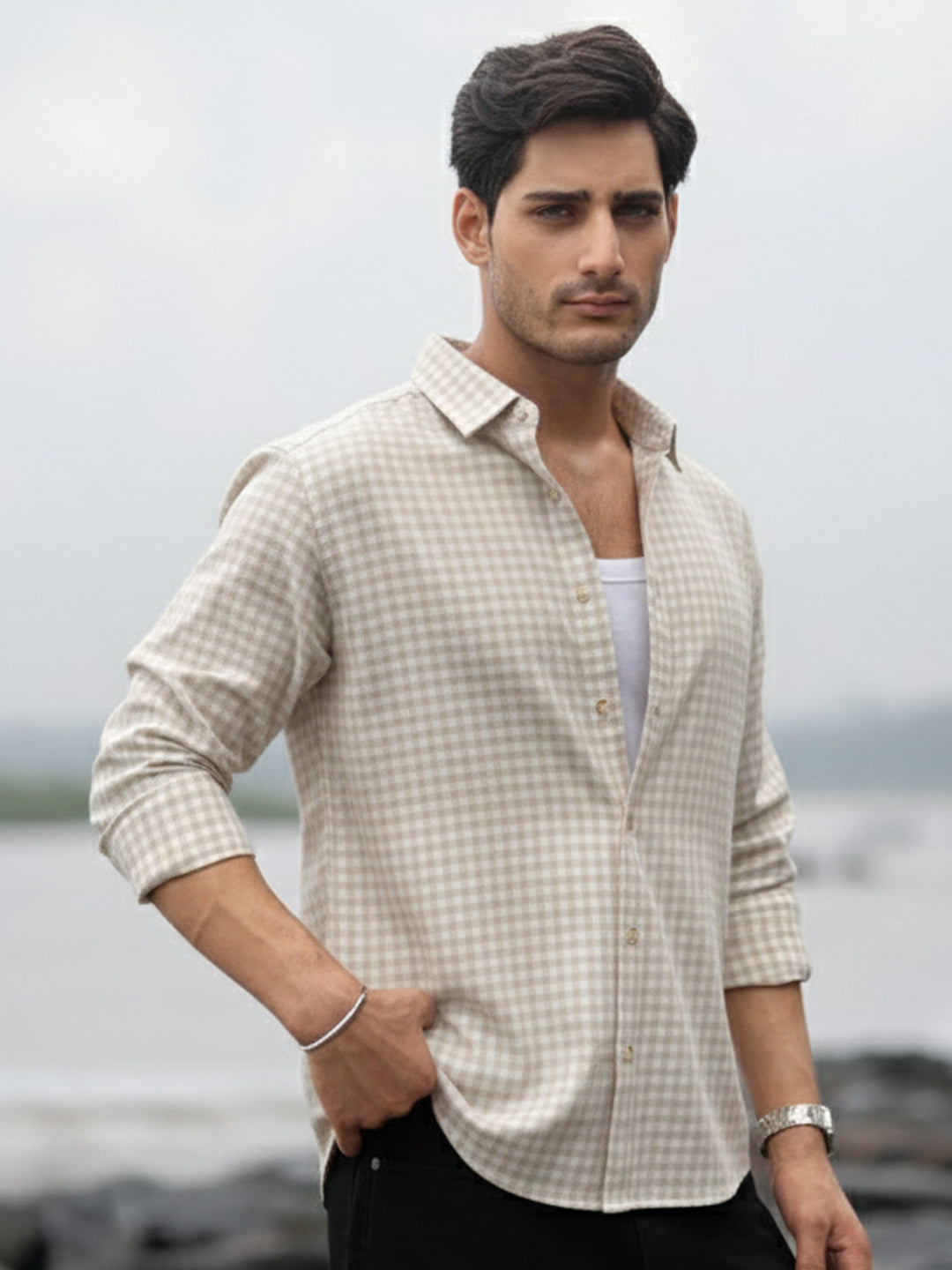 Beige Ombre Checks Shirt