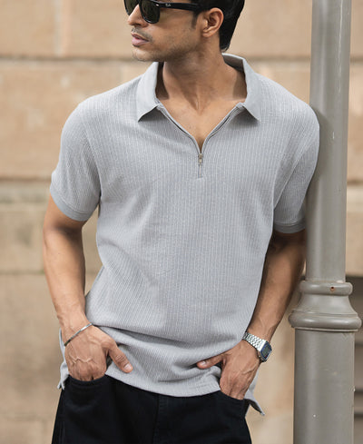 Grey Structured Regular Fit Half Sleeves Zipper T Shirt