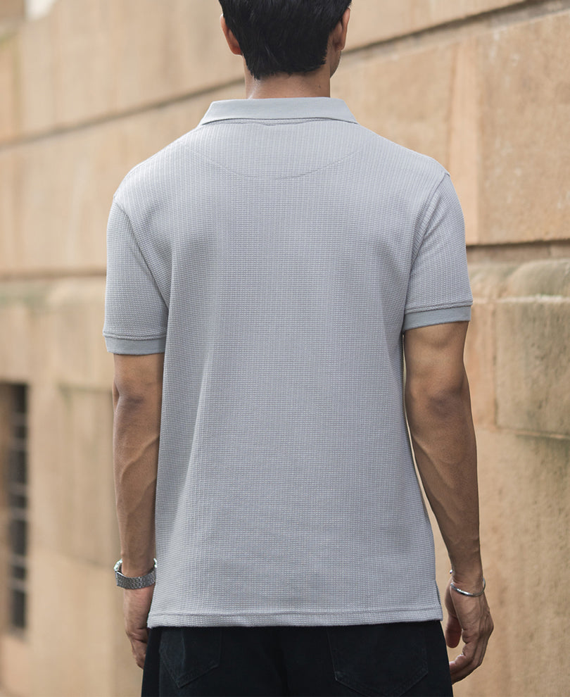 Grey Structured Regular Fit Half Sleeves Zipper T Shirt