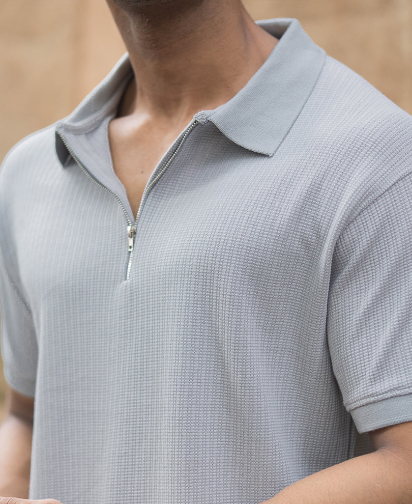 Grey Structured Regular Fit Half Sleeves Zipper T Shirt