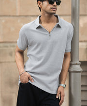 Grey Structured Regular Fit Half Sleeves Zipper T Shirt