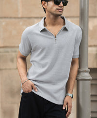Grey Structured Regular Fit Half Sleeves Zipper T Shirt