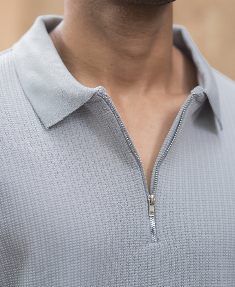 Grey Structured Regular Fit Half Sleeves Zipper T Shirt