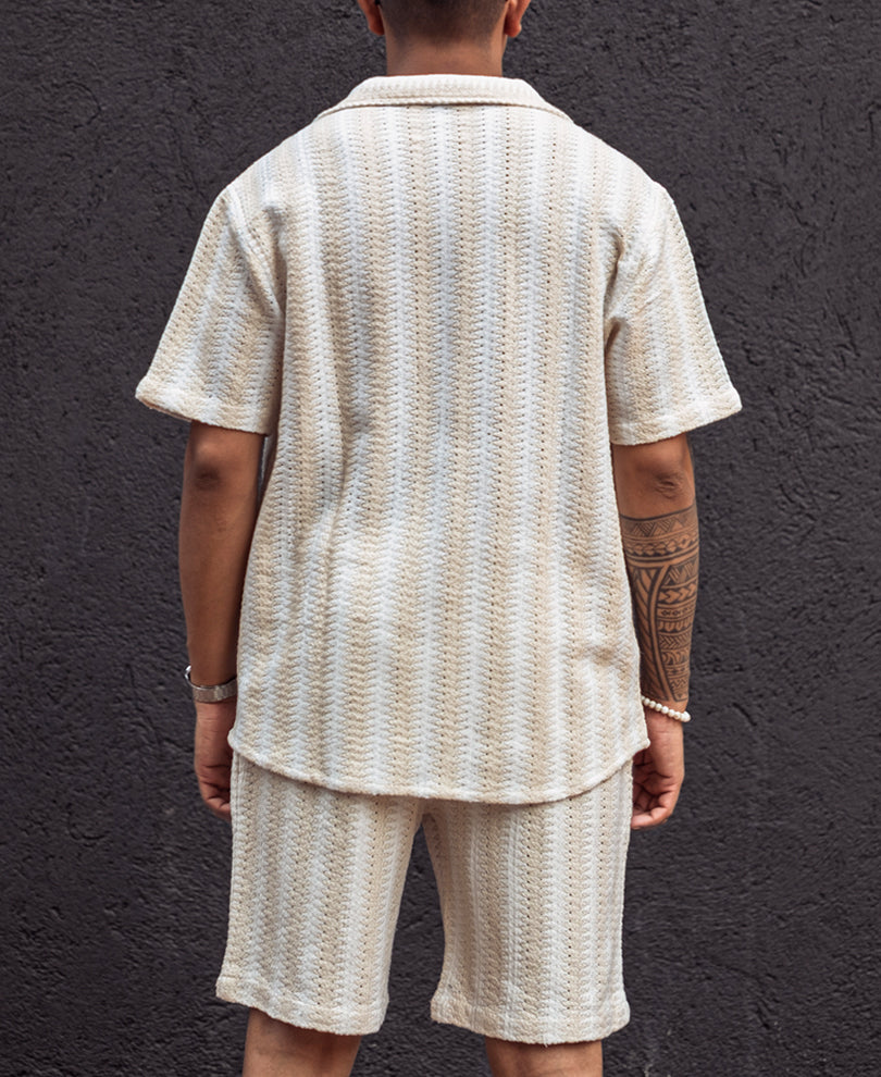Off White and Beige Striped Shirt and Shorts Set