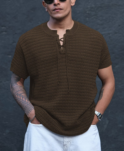 Coffee Brown Crochet Regular Half Sleeves T Shirt