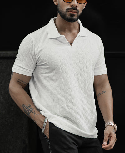 White Structured V Neck Regular Half Sleeves T Shirt