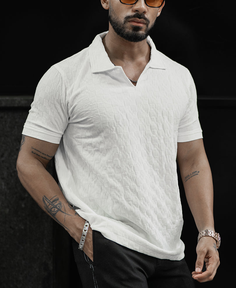 White Structured V Neck Regular Half Sleeves T Shirt