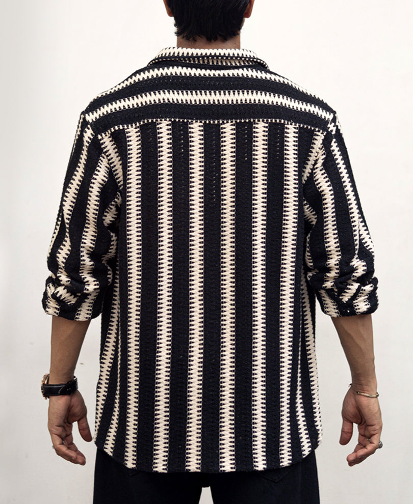 Black And White Striped Regular Fit Crochet Full Sleeves Shirt