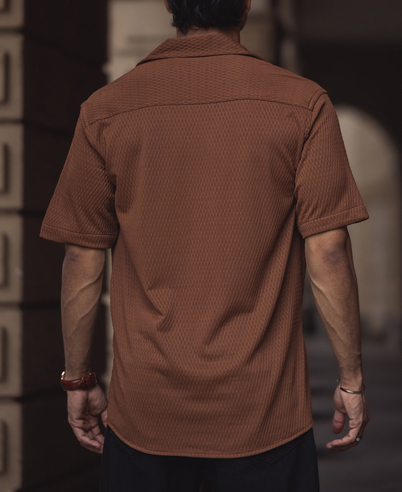 Brown Structured Plain Regular Fit Half Sleeve Cuban Collar Shirt