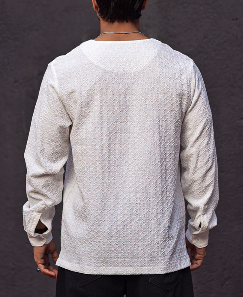White Structured Regular Fit Full Sleeves Kurta Style Shirt