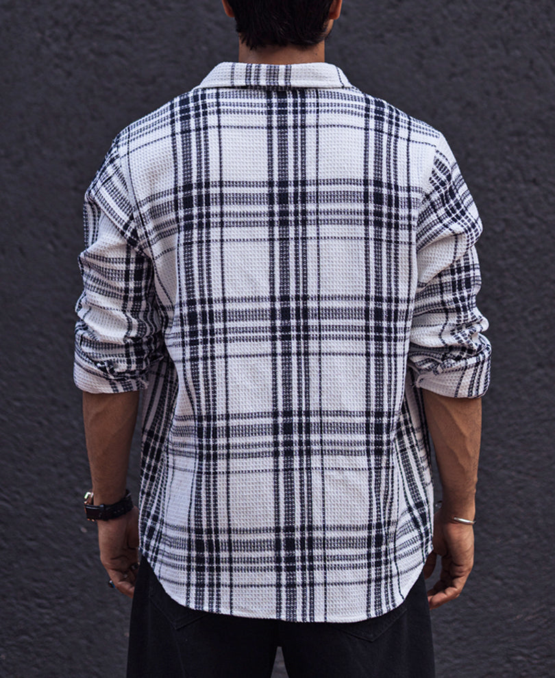 Navy Blue and White Waffle Checks Regular Full Sleeves Shirt.