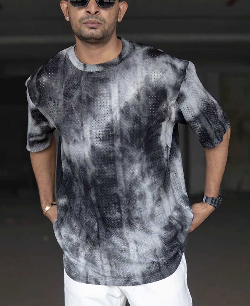 Black and Grey Oversized Tie Dye Printed Half Sleeves T Shirt