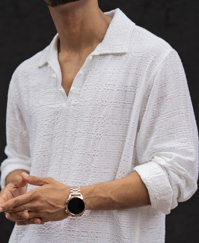 White Regular Fit Full Sleeves Kurt Style Shirt