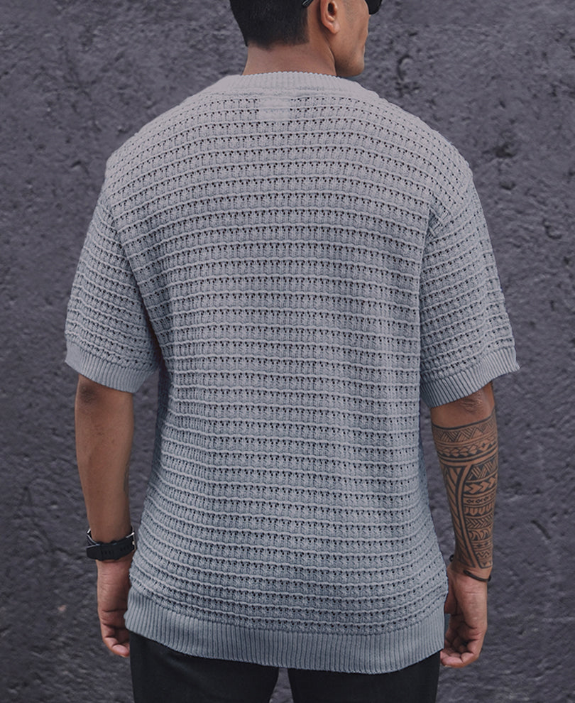 Light Grey Crochet Oversized Half Sleeves T Shirt