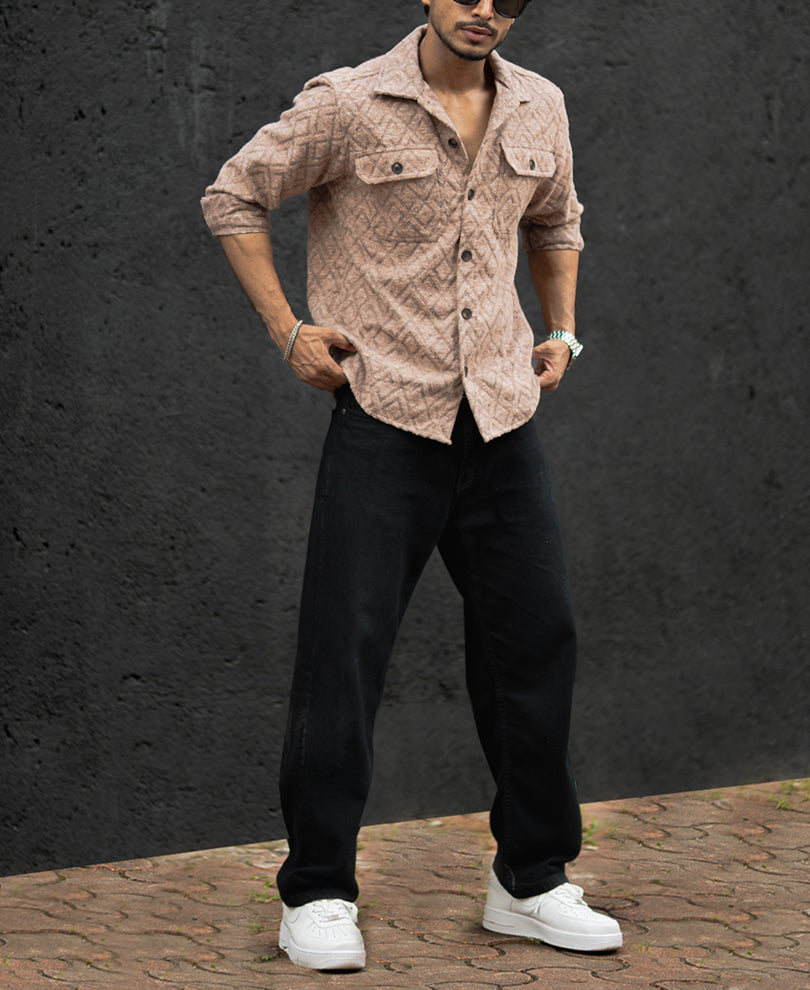 Dark Beige Structured Regular Fit Shirt.