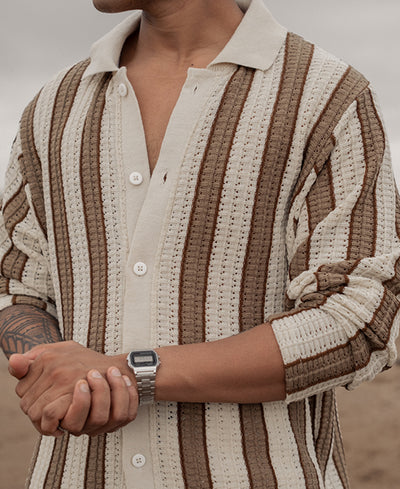 Off White and Beige Crochet Striped Regular Full Sleeves Shirt