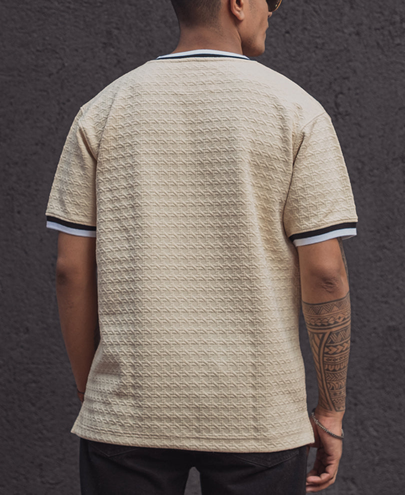 Cream Regular Fit Striped Half Sleeves T Shirt