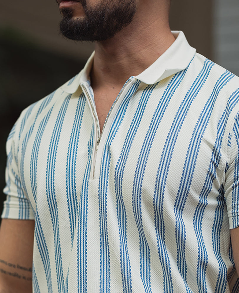 Off White Striped Regular Fit Half Sleeve T-Shirt with Zipper