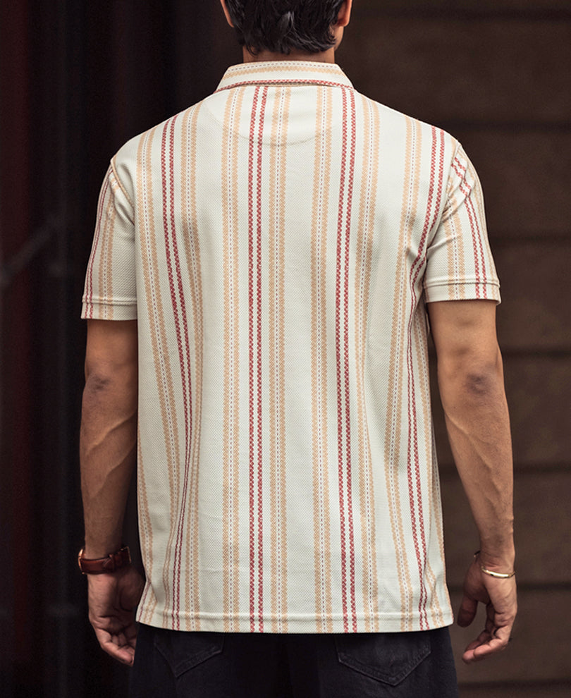 Multi-Coloured Striped Regular Fit Half Sleeve T-Shirt with Zipper