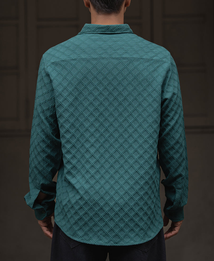 Green Plain Structured Regular Fit Full Sleeves Shirt